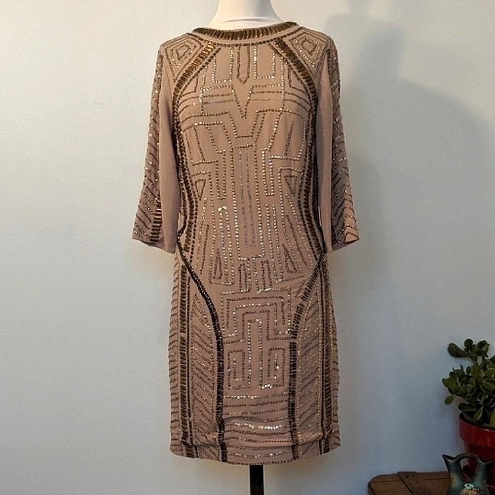Spotlight by Warehouse Geometric Sequin Beaded 3/4 Sleeve Midi Dress Tan